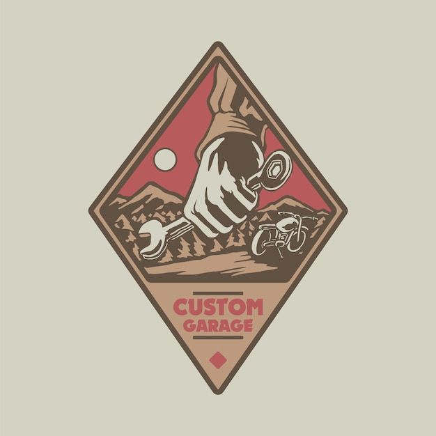 the logo for custom garage is shown in red, white and brown colors with an image of a man on a motorcycle