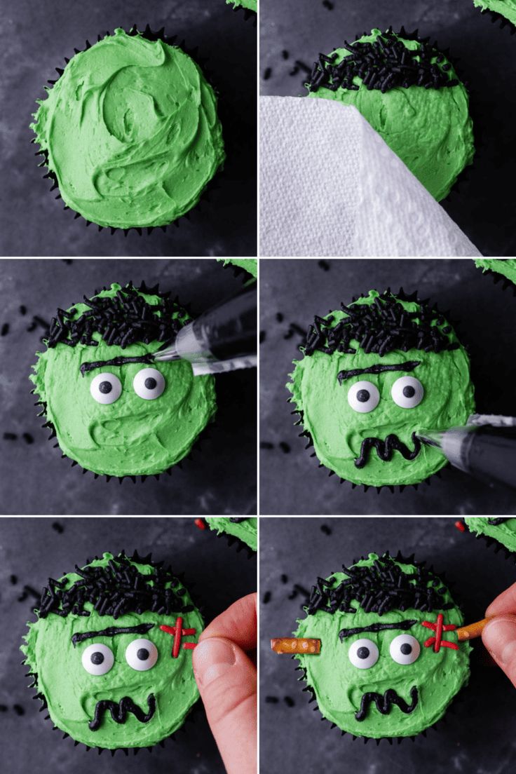 green frosted cupcakes with black icing and eyes on them being decorated