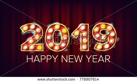 happy new year's card with the number 2019 and light bulbs on red curtain background