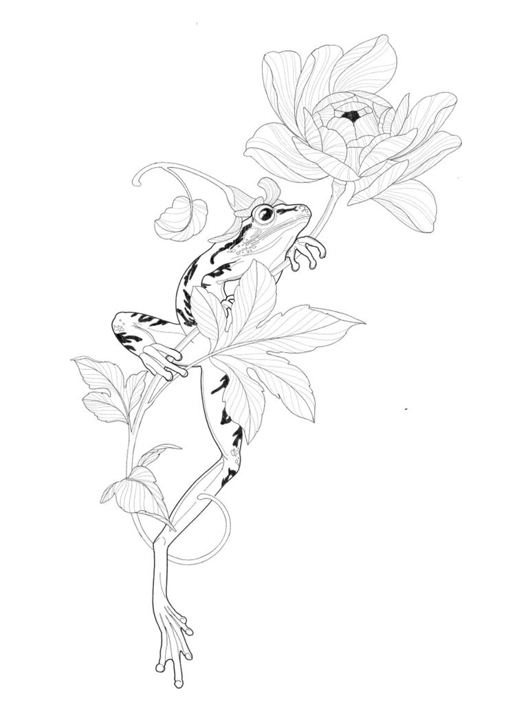 a drawing of a lizard sitting on top of a tree branch with flowers in the background