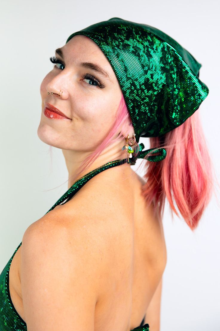 Emerald Holo Bandana FRW New Size: One Size Adjustable Green Festival Headband, Adjustable Summer Party Bandana, Adjustable Green Headband For Festivals, Adjustable Bandana For Summer Parties, Summer Party Headwrap, Summer Party Adjustable Headwrap, Adjustable Green Bandana, Adjustable Summer Headwrap For Party, Adjustable Rave Headband For Party