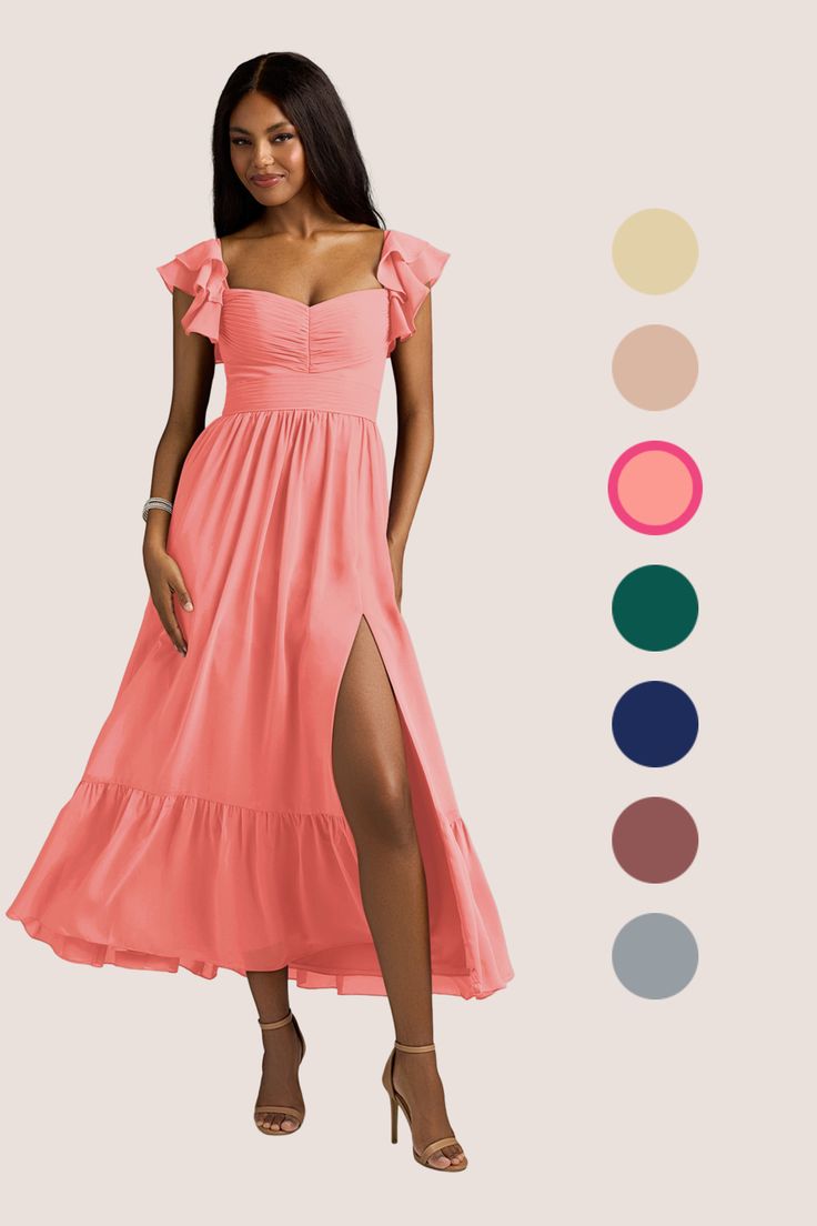 a woman in a pink dress with her legs slited and color swatches on the side