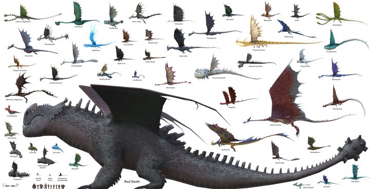 a large group of different sized and colored dragon like creatures with wings spread out in the air