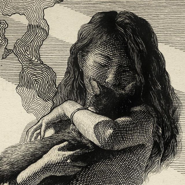 a drawing of a woman with long hair holding her hand up to her chest and looking at the sky