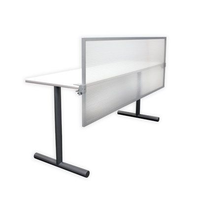 an office desk with a white screen and black metal legs on the top, against a white background