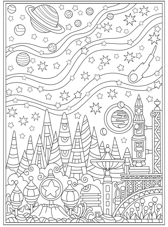 an adult coloring page with space and stars in the sky, including planets, saturns,