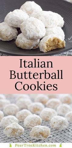 italian butterball cookies with powdered sugar on top and in the background, there is a plate full of them