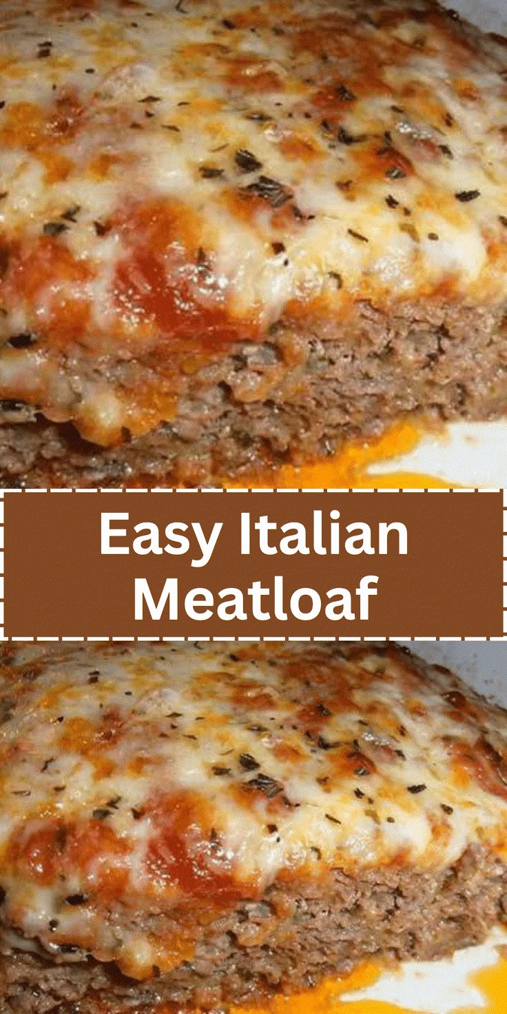 two pictures of meatloaf with cheese and sauce on them, one has an italian meatloaf