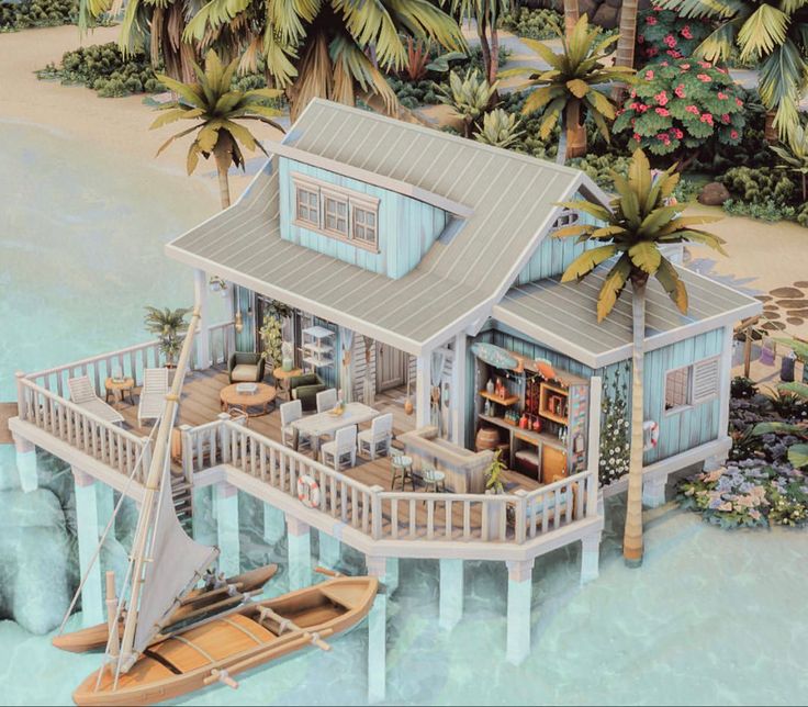 an artist's rendering of a house on stilts with a boat in the water