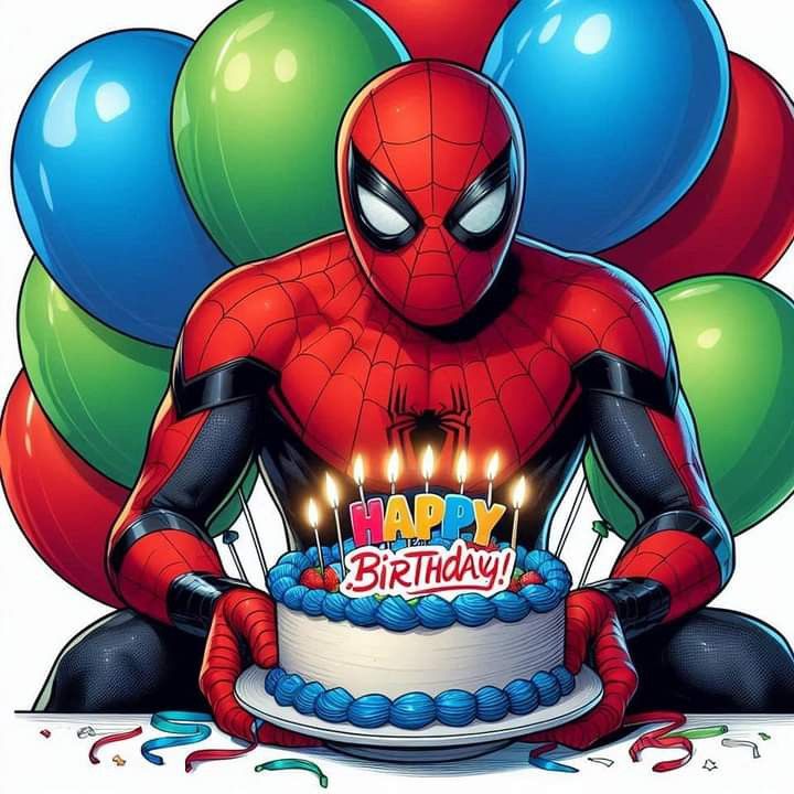 a spiderman birthday cake with candles on it and balloons in the air behind him