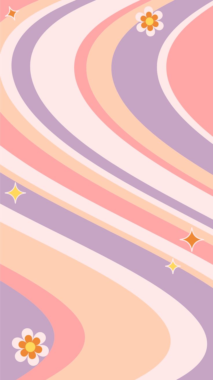 an abstract background with flowers and stars in the center on pink, purple, yellow and orange waves