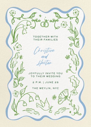 a wedding card with the words together with their families, and flowers in blue ink