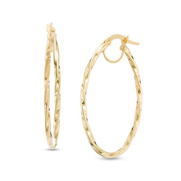 An unexpected twist on a classic look, these striking hoop earrings are quite enticing. Crafted in warm 14K gold, each 36.0 x 24.0mm oval-shaped hoop features a graceful twist for a style that's surprising yet pleasing. Polished to a bright shine, these earrings secure with hinged backs. Twist Hoop Earrings, 50 Fashion, Earring Backs, Designer Earrings, Yellow Color, Classic Looks, Fashion Earrings, Types Of Metal, Piercings