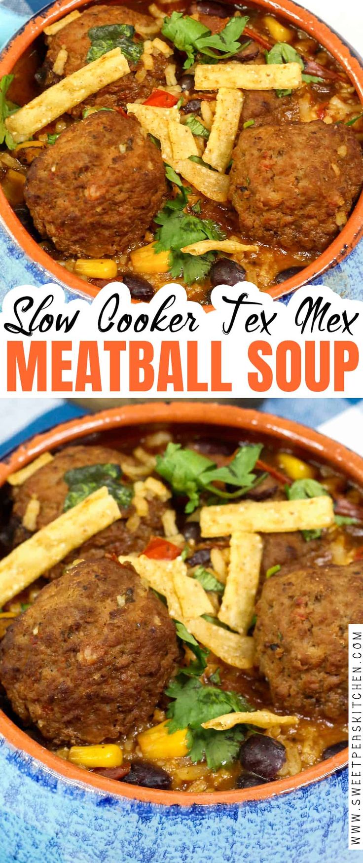 two pictures of meatball soup in an orange bowl with the words slow cooker tex mix