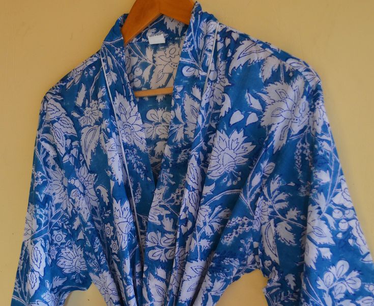 Cotton Kimono made From Hand Block Printed Fabric.It is hand printed fabric using natural dyes. Item - Indian Handmade Women Bathrobe Kimono Dress , Gown , Beach Cover up , Kaftan Material - 100% Cotton Size - ( L ) Free Regular One size (plus) US women's letter Product: 1 PC Floral Printed Cotton Kimono Measurements or Sizes: Size Of Length -  Medium Length, Long Length, Full Long Length .  Length- 100 CM, 120 CM, 140 CM. Bust- 48 inches Sleeve-14 inches Size: One Size Main Color: - Blue Patter Women Long Gown, Night Wear Dress, Cover Up Kimono, Blue Luxury, Bath Robes For Women, Long Gown Dress, Cotton Kimono, Print Kimonos, Night Wear