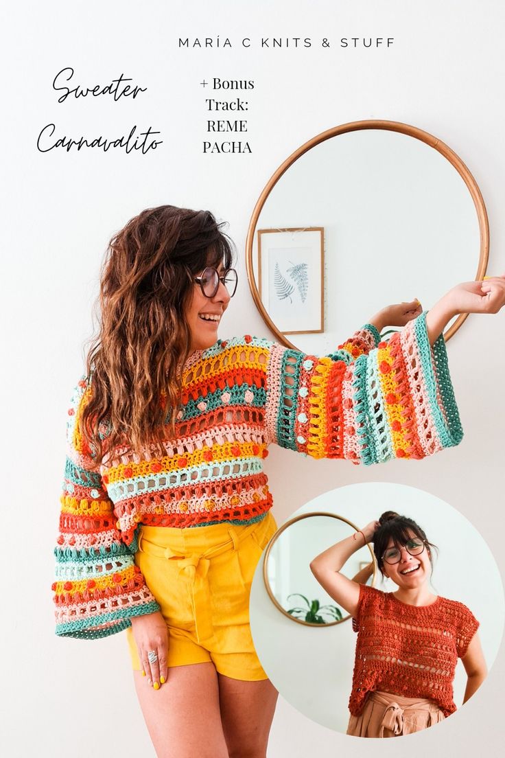 a woman wearing yellow shorts and a colorful sweater with crochet on it, standing in front of a mirror