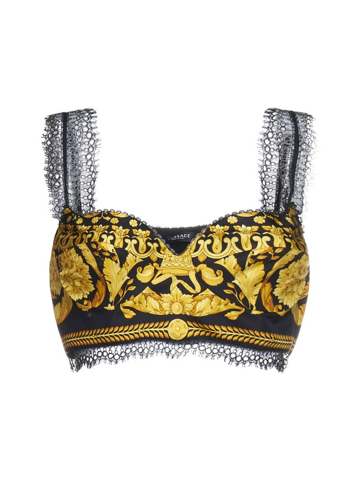 100% silk | Versace Women's Barocco Silk Bralette Top in Gold | FW23/24 Silk Bralette, Versace Top, Versace Blue, Patterned Crop Top, Versace Gold, Baroque Pattern, Bralette Top, Sleeveless Tops, Bralette Tops