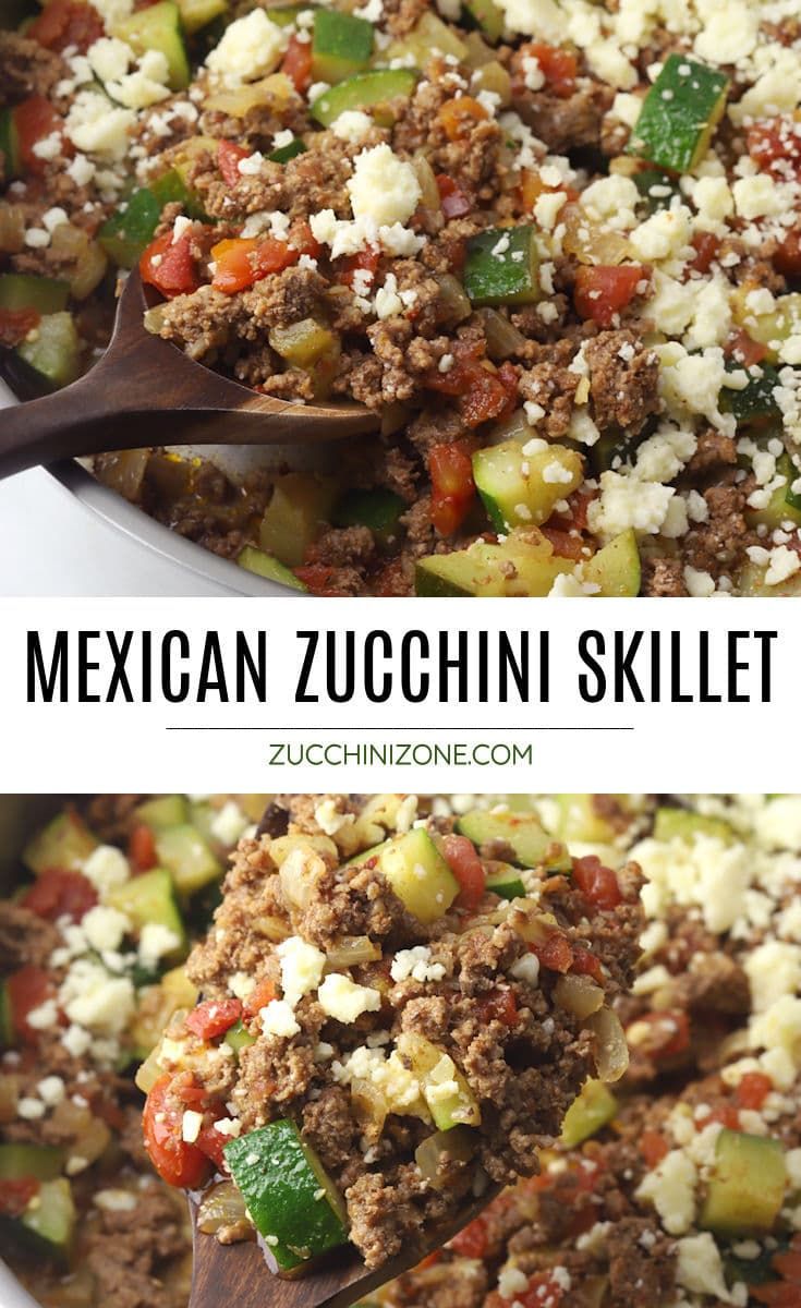 the mexican zucchini skillet is loaded with meat, vegetables and feta cheese