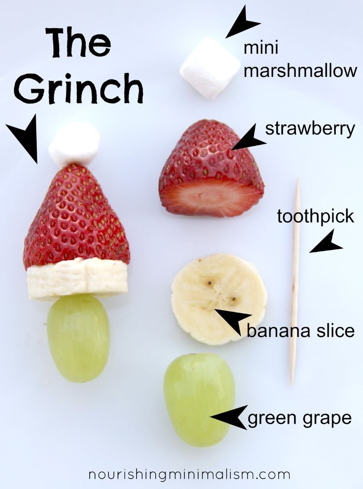 the parts of a fruit salad on a white plate with green grapes and strawberries