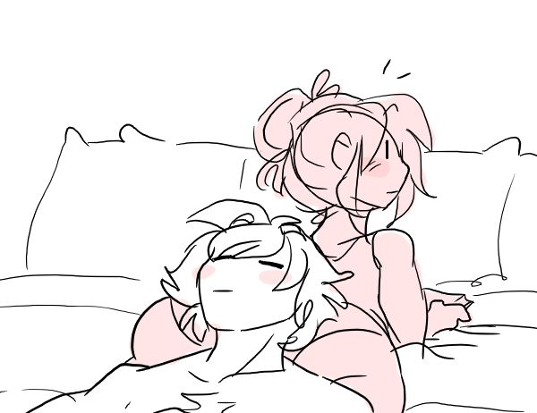 a drawing of two people laying on a bed with one holding the other's head