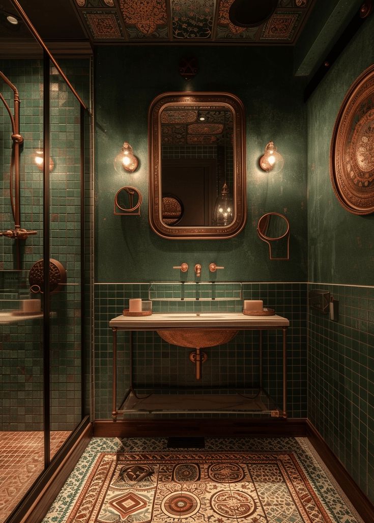 a bathroom with green tile and gold fixtures