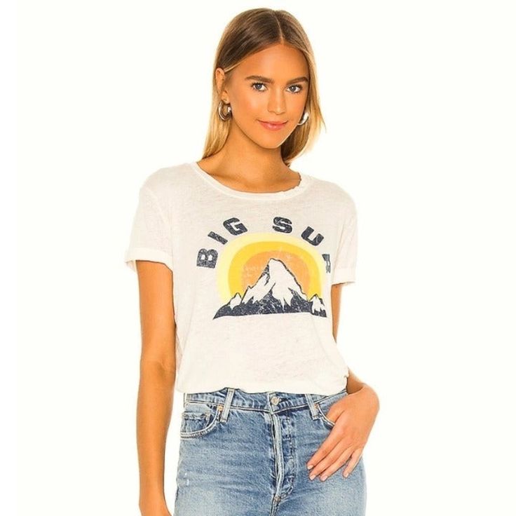 Brand New With Tags, Women's Size Medium. Retails For $62! This Chaser Big Sur Au Lait Crewneck T-Shirt Is Incredibly Soft And Comfortable! Gorgeous Au Lait Color With Mountains And The Sunrise / Sunset In A Vintage Style Graphic. Love The Blue, White, Yellow And Orange Colorway! This Short Sleeve Tee Looks Great Worn As Is Or Tucked In. 60% Cotton & 40% Polyester L - 21” Pit-Pit, 27.5” Shoulder-Hem Yellow Relaxed Fit Tops For Everyday, Yellow Letter Print Tops, Yellow Summer Tops For Everyday, Yellow Relaxed Fit Graphic Tee, Yellow Graphic Print T-shirt, Yellow Graphic Tee For Summer, Yellow T-shirt For Spring, Yellow T-shirt For Everyday Spring Wear, Casual Yellow T-shirt For Day Out