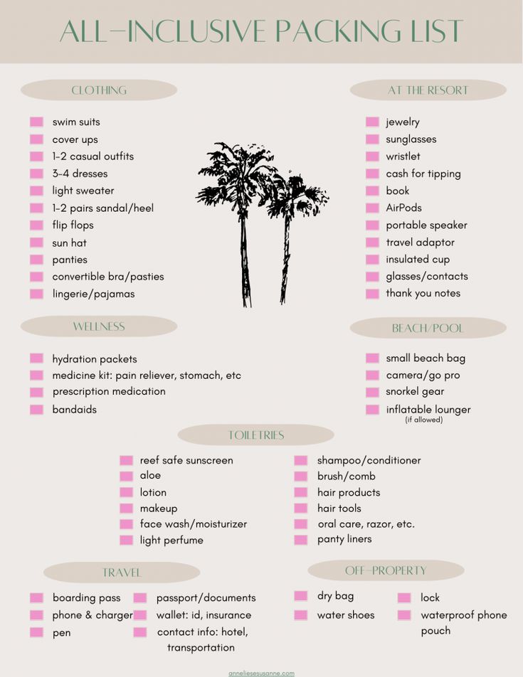 the palm tree packing list is shown in pink and white