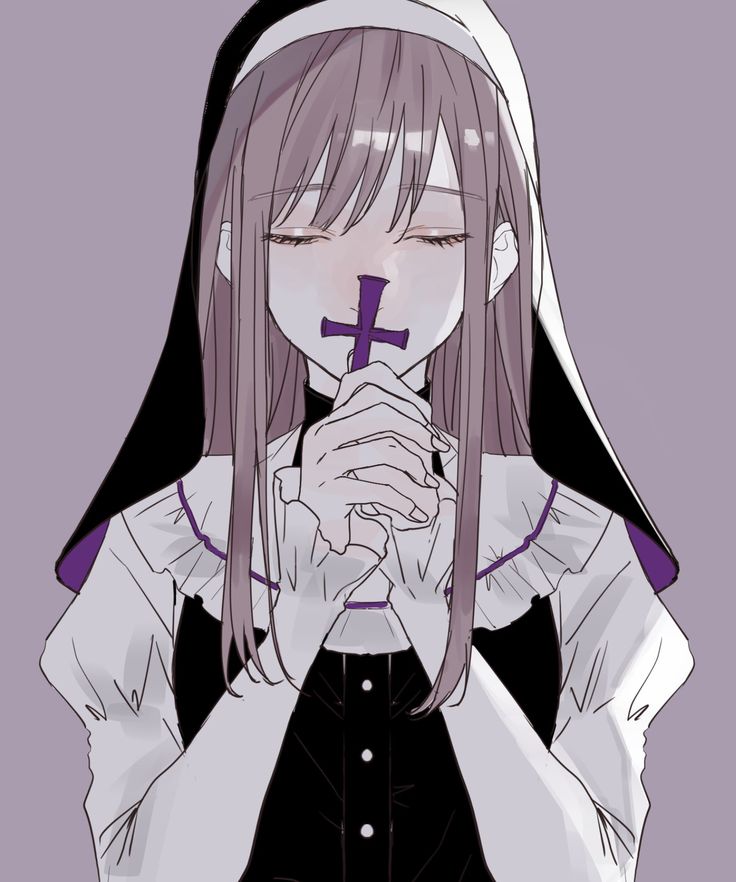 an anime character with long hair and a cross on her chest, wearing a nun outfit