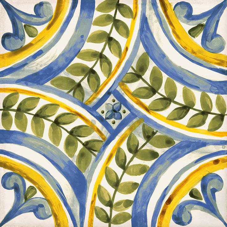 an artistic tile design with blue and yellow accents on the outside, including green leaves