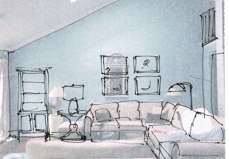 a drawing of a living room filled with furniture