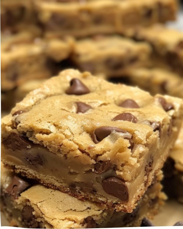 chocolate chip cookie bars stacked on top of each other