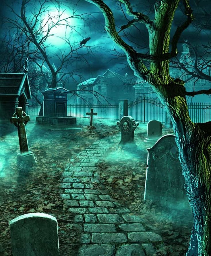 a creepy graveyard with tombstones and graves