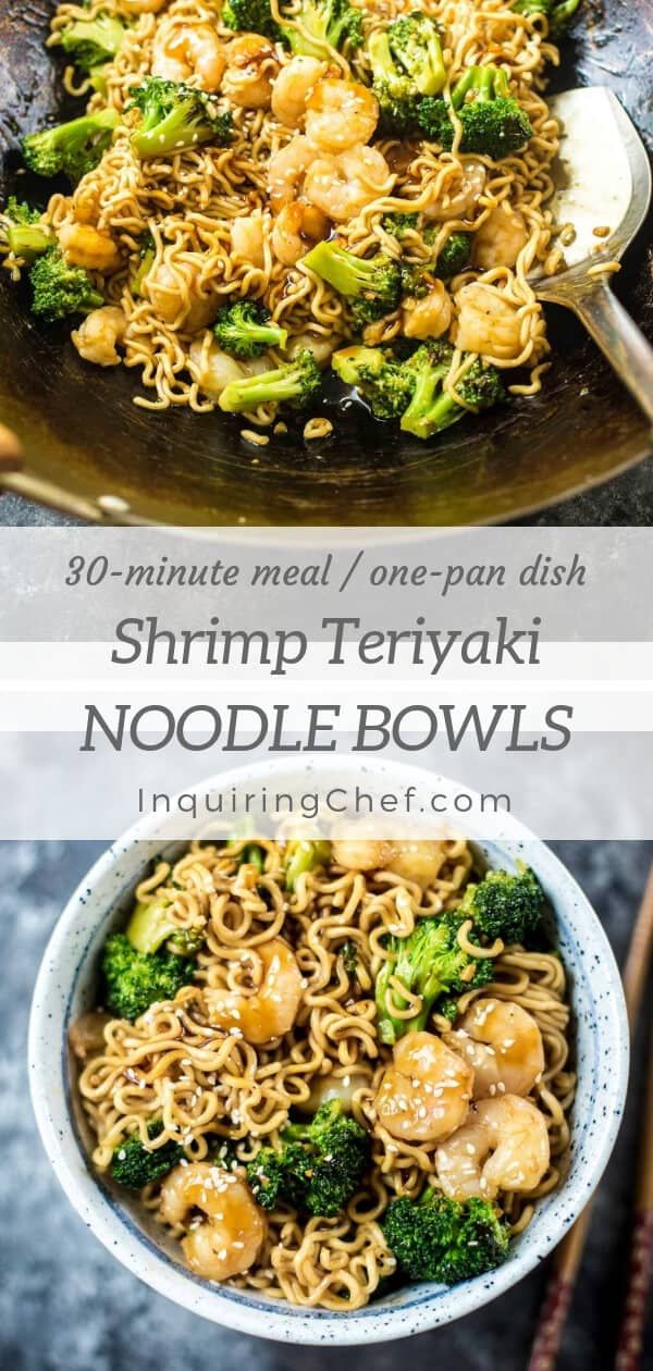 shrimp and noodle bowls with broccoli in a wok on the side