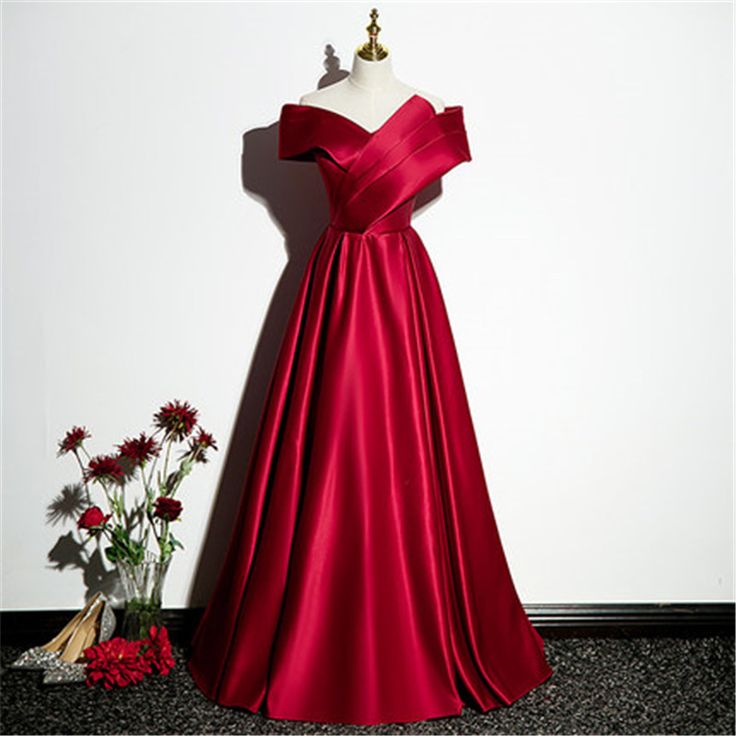 Red Prom Dresses Long Elegant, Prom Dress Burgundy, Off Shoulder Evening Gown, Red Ball Gown, Satin Ball Gown, Quinceanera Dress, Full Length Skirts, Pink Tulle, Elegant Red