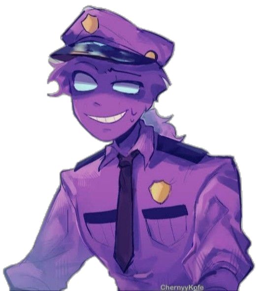 a drawing of a purple police officer with blue eyes and a smile on his face