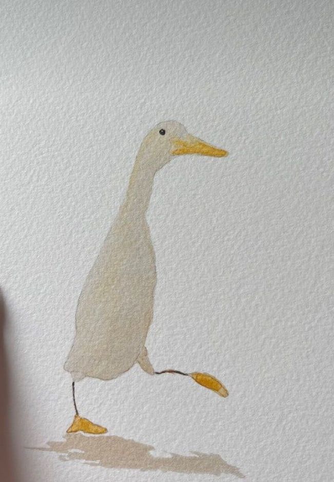 a watercolor painting of a white bird with yellow feet