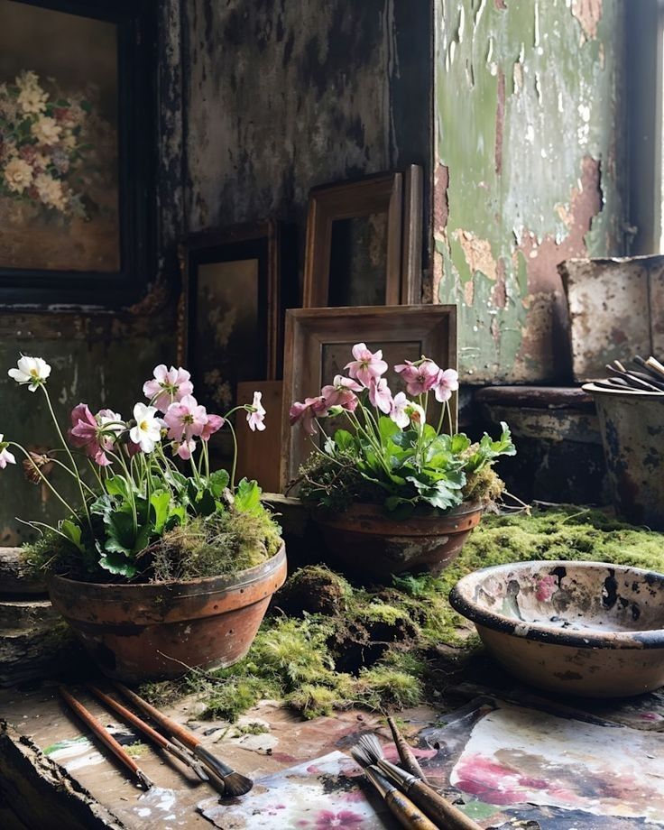 two pots filled with flowers sitting on top of a table next to paintbrushes