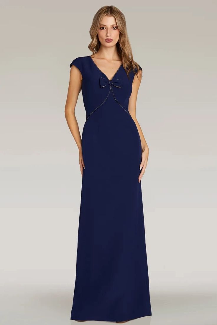 Gia Franco 12307 - Bow Detailed Evening Dress Sheath Skirt, Beaded Trim, The Navy, A Cap, Navy Color, Bow Detail, Sleeve Designs, Color Style, Cap Sleeve