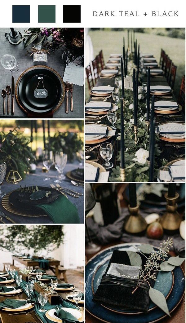 the table is set with black and green plates