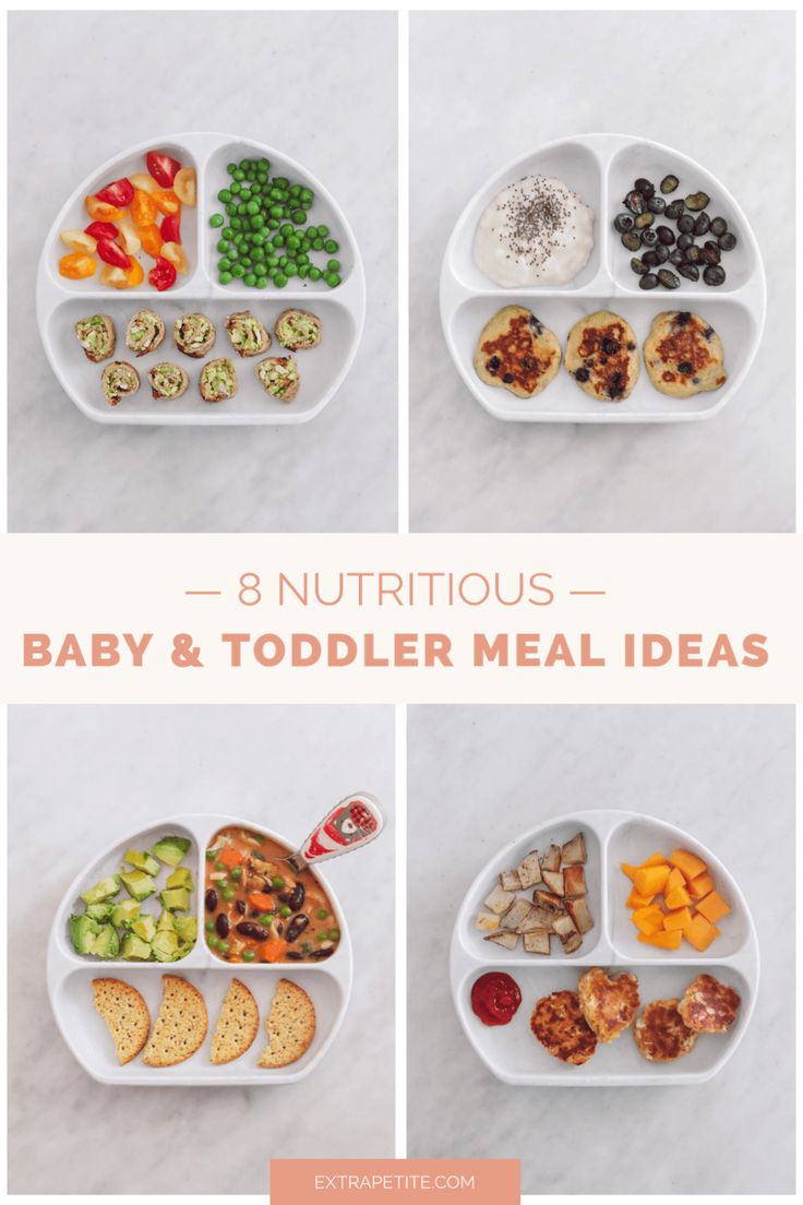 the baby and toddler meal ideas are arranged in four separate trays with different foods on them