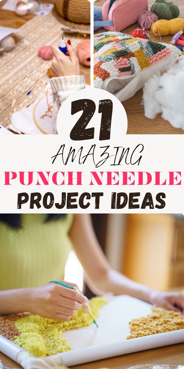 In this blog post we share 21 incredible ideas for punch needle projects! Whether you are starting out with punch needling or you already made many projects, we  definitely have you covered with some fresh ideas to try out! Punch Embroidery Projects, Punch Needle Tutorials, Needle Punching Patterns, Things To Make With Punch Needle, How To Finish Punch Needle Projects, Felt Punching, Punch Needle Crafts To Sell, Punch Needle Crafts Ideas, Punch Needle Embroidery Ideas