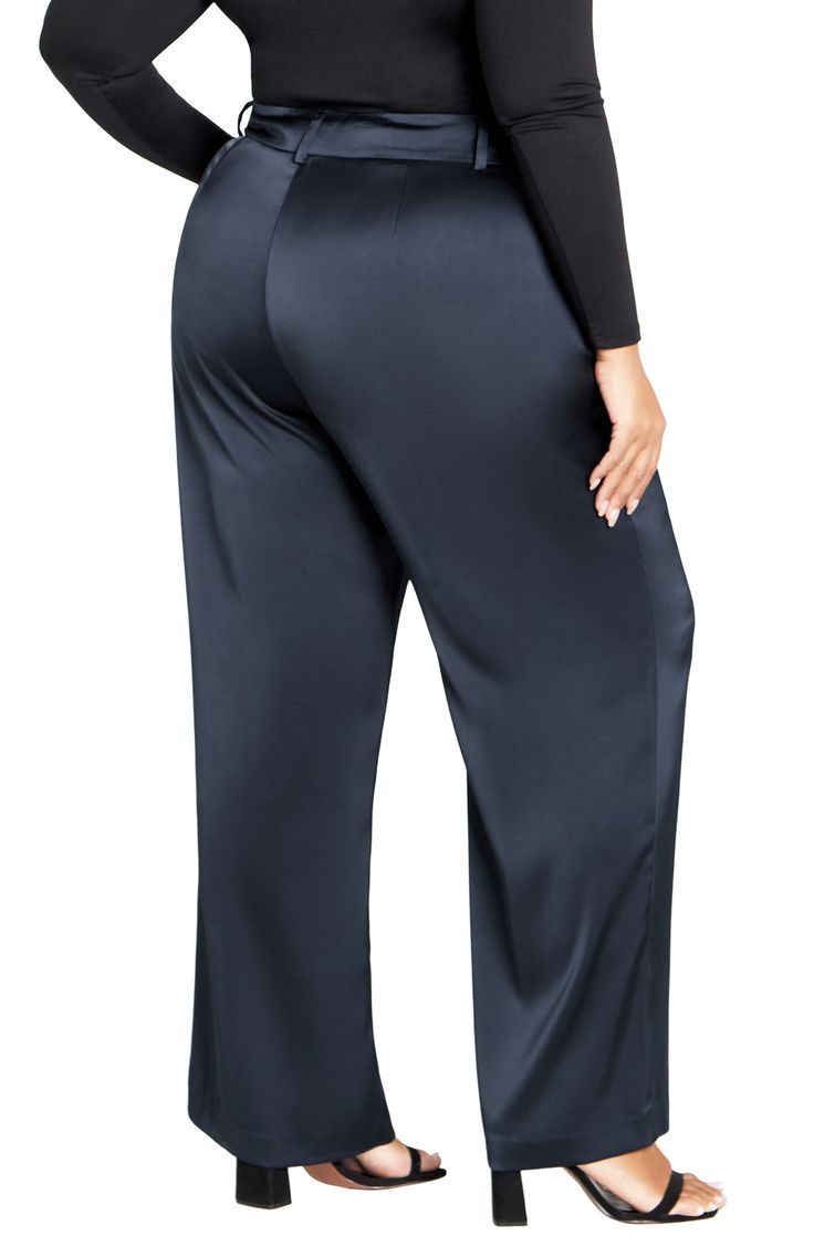 Rich and silky satin inform the look of polished wide-leg pants that have a touch of stretch and functional pockets for added comfort. 32" inseam; 14" leg opening Zip fly with hook-and-bar closure Front slant pockets 97% polyester, 3% elastane Hand wash, line dry Imported Sleek Satin Pants, Sleek Satin Pants For Work, Sleek Satin Straight Pants, Sleek Silk Wide Leg Bottoms, Sleek Satin Bottoms For Workwear, Sleek Satin Wide Leg Pants, Satin Wide-leg Workwear Pants, Satin Wide Leg Pants For Workwear, Satin Wide-leg Pants For Work