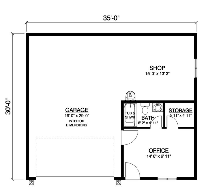 the floor plan for a garage with an office and storage space on top of it