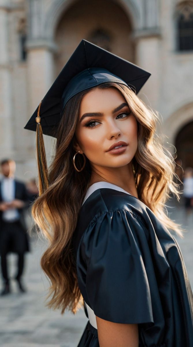 a woman wearing a graduation cap and gown standing in front of a building with other people