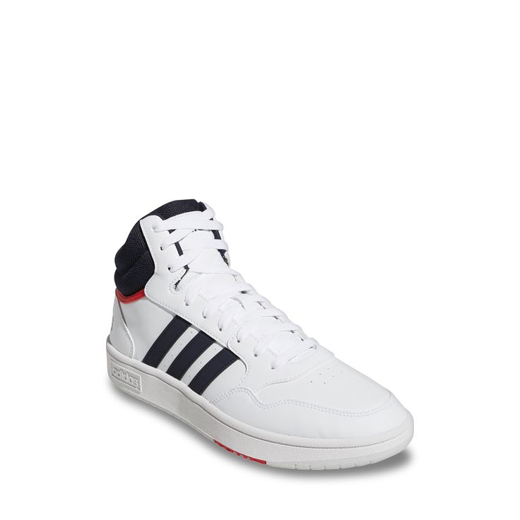 Prove your mettle on the court with these men's Adidas Hoops 3. 0 Mid white/red/legend ink basketball shoes. Crafted out of mixed materials, these mid-cut athletic sneakers also include round toe, lace-up closure, padded collar and tongue, signature brand stripes at the sides, signature brand print at the heel counter, perforations at the front and sides for air circulation, and durable outsole. | Adidas Men's Hoops 3. 0 Mid Basketball Shoe in Footwear White/Legend Ink/Vivid Red Size 8 Medium Air Circulation, Athletic Performance, Athletic Sneakers, Mens Shoes Sneakers, Adidas Shoes, Basketball Shoes, Adidas Men, Shoes Boots, High Top Sneakers