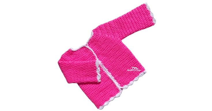 a pink knitted mitt with white trim on the top and bottom, in front of a white background