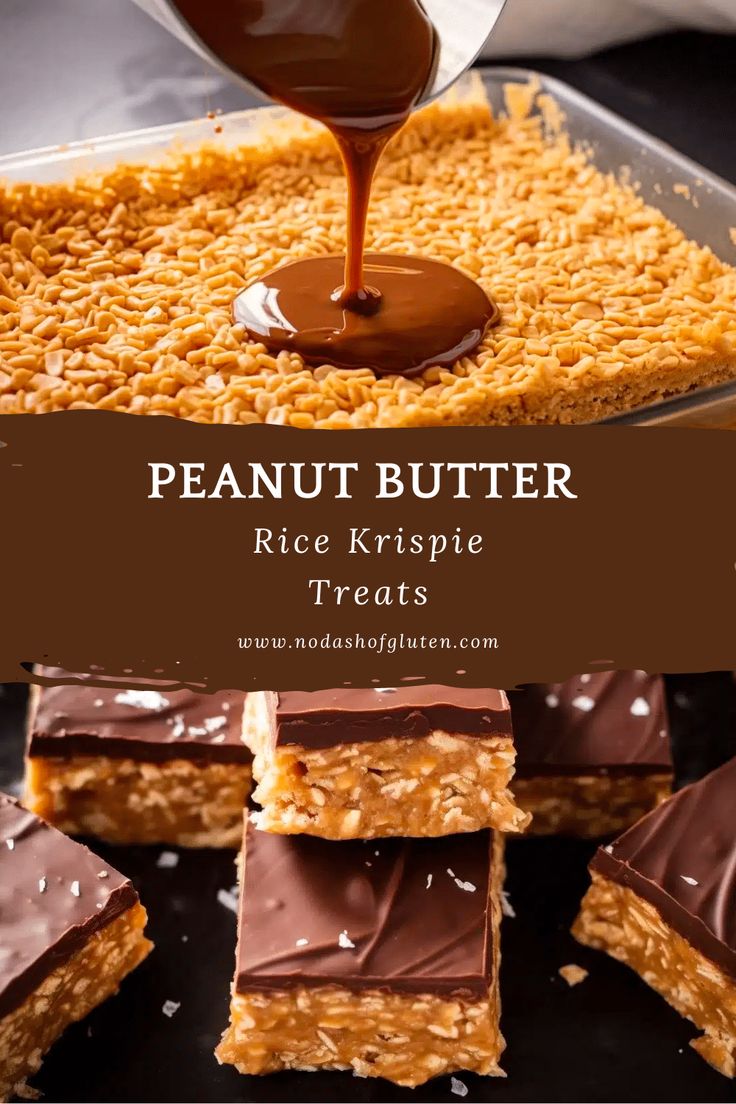 peanut butter rice krispie treats with chocolate sauce being drizzled on top