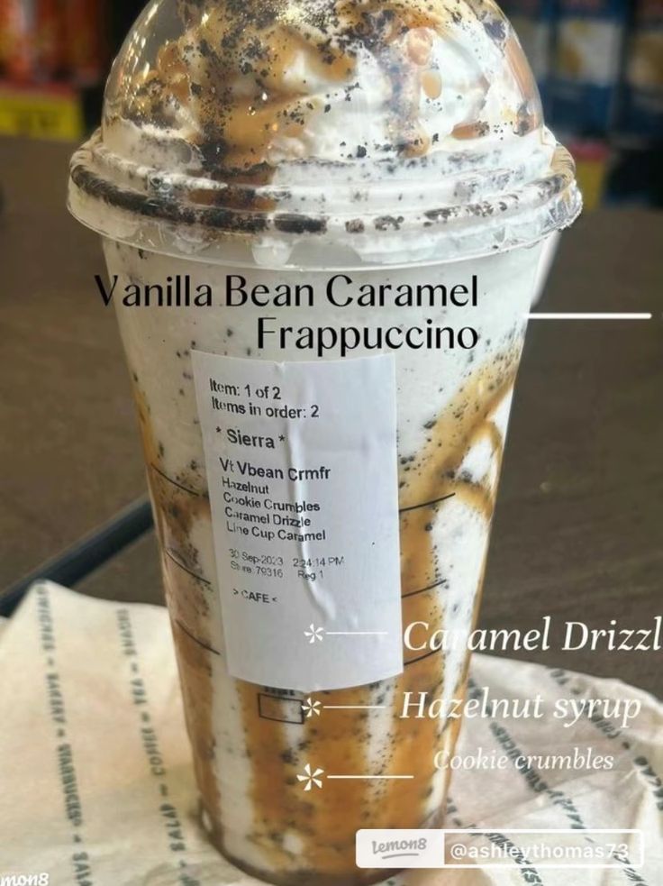 an iced drink with vanilla bean caramel frappuccino in it's wrapper