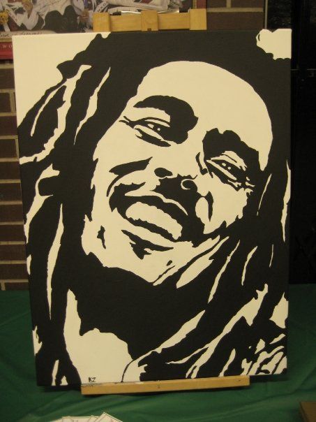 a black and white painting of a man's face with dreadlocks on it