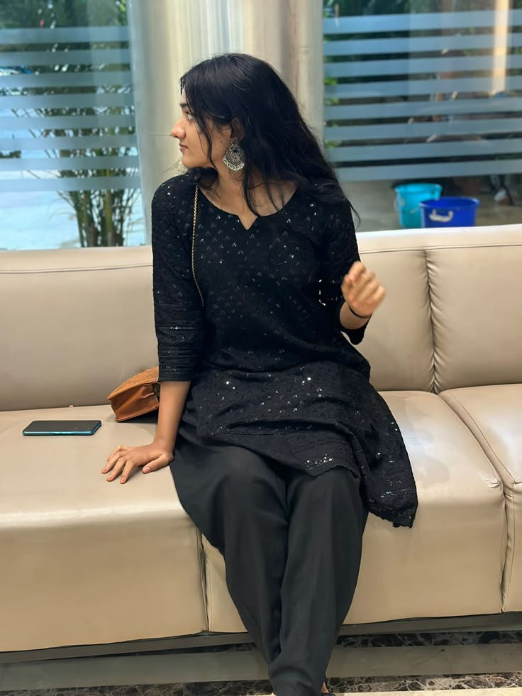 Chikankari kurti from myntra Black Chikenwork Kurti Design, Simple Black Kurti Designs, Black Kurti Styling Ideas, Black Kurti Designs Latest Fashion, Black Kurti Aesthetic, Chikankari Kurti Aesthetic, Kurtis Aesthetic, Black Kurti Outfit, Frock Shalwar